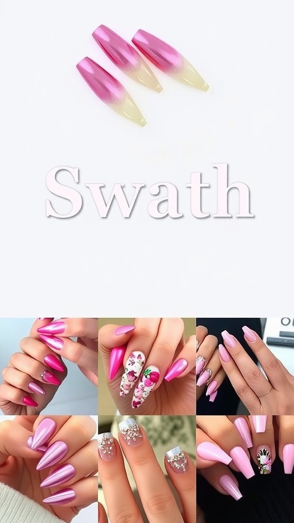 Variety of trendy nail designs featuring pink chrome finishes.