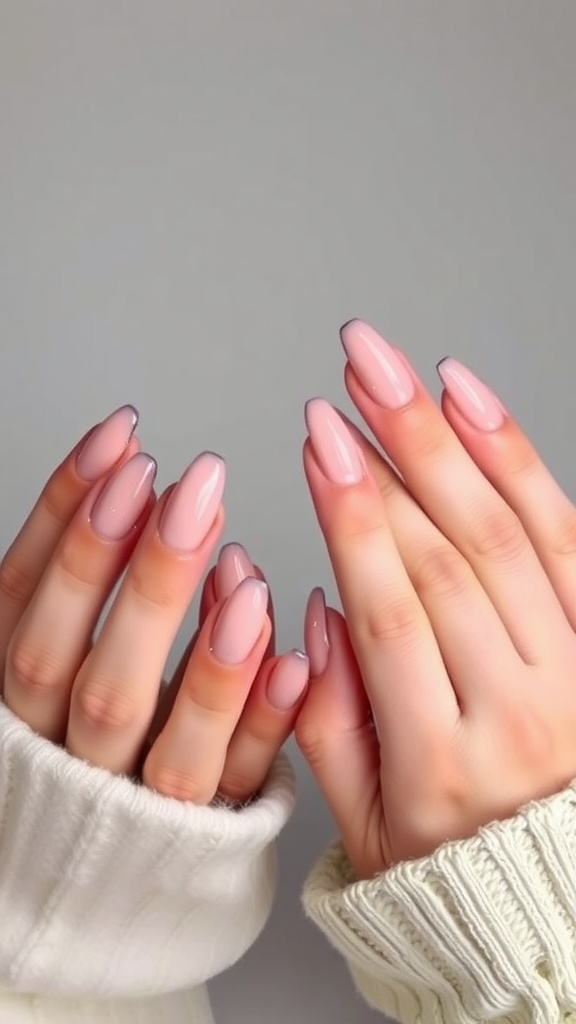 Close-up of hands with trendy nude nails in various shapes, showcasing a soft pink hue and glossy finish.