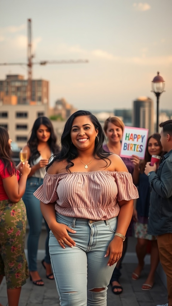 A group of friends celebrating a birthday, featuring a woman in an off-the-shoulder top and fitted jeans, smiling and posing.