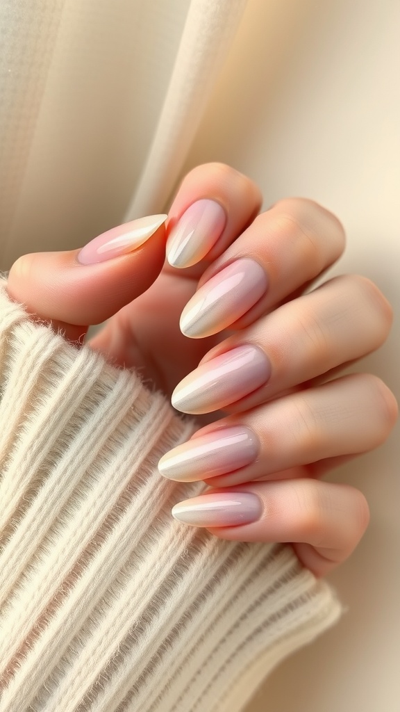 A close-up of hands with trendy ombre nude pink chrome nails, set against a light background.