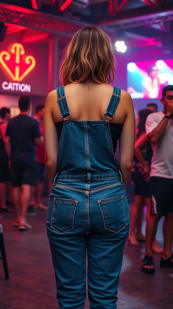 A woman wearing denim overalls at a vibrant club setting with people in the background.