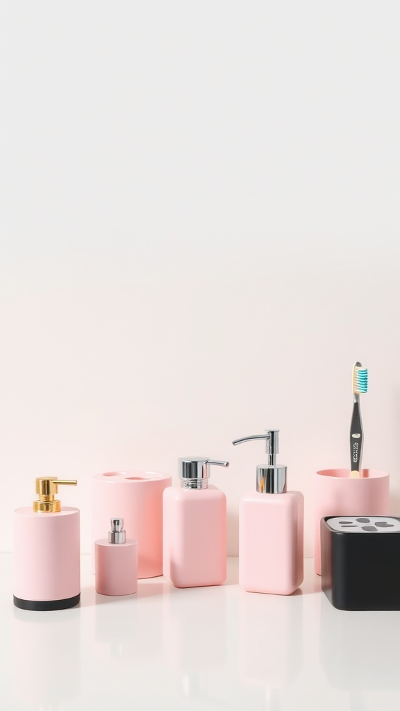A collection of pink and black bathroom accessories including soap dispensers and a toothbrush holder.