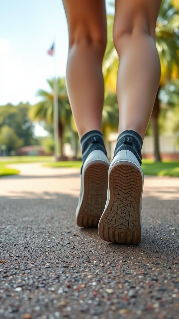 Close-up of trendy sneakers on a walking path with palm trees in the background