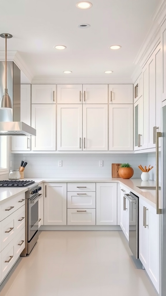 A modern kitchen featuring white cabinets, stainless steel appliances, and a clean design.