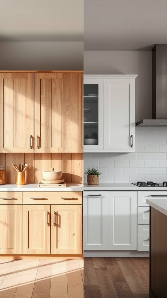 Comparison of rustic wood cabinets on the left and contemporary white cabinets on the right.