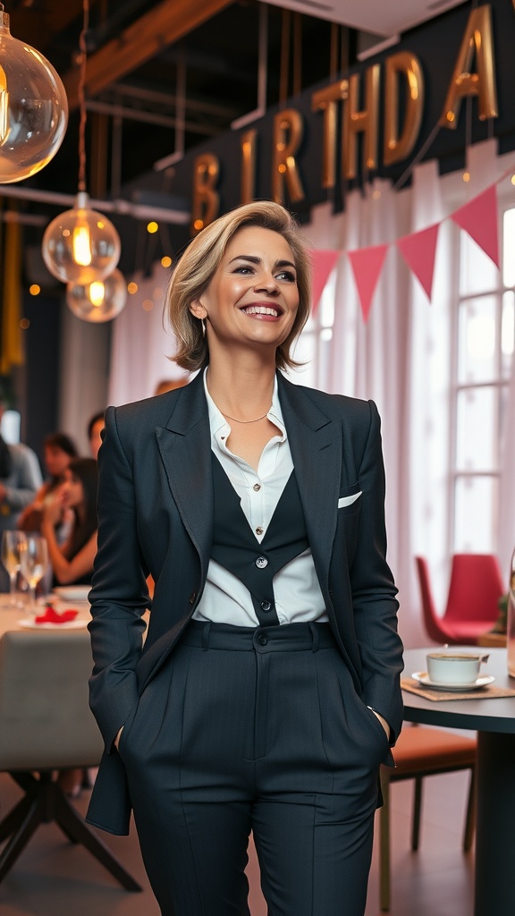 A woman in a stylish suit smiling at a birthday celebration, with decorations in the background.