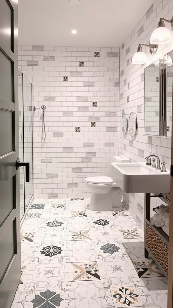 A stylish jack and jill bathroom featuring white subway tiles and patterned floor tiles.