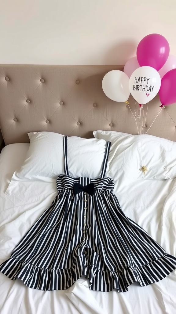 A striped two-piece outfit on a bed with birthday balloons