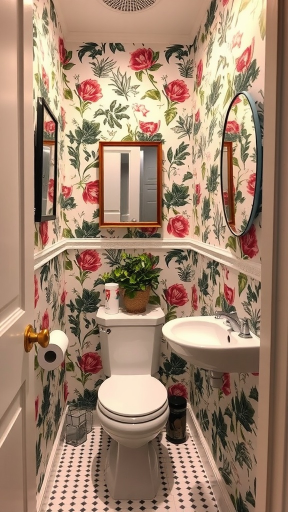A small half bathroom with floral wallpaper featuring roses and green leaves, a white toilet, sink, wall mirrors, and a plant.