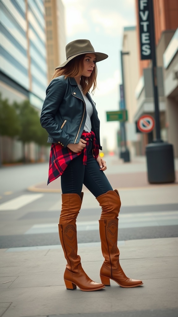 A woman wearing trendy brown western boots, a leather jacket, and a plaid shirt tied around her waist, standing in a city street.