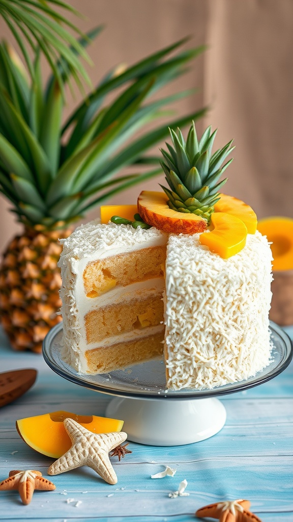 A beautifully decorated Tropical Coconut Cake with slices of pineapple and coconut flakes on a cake stand.