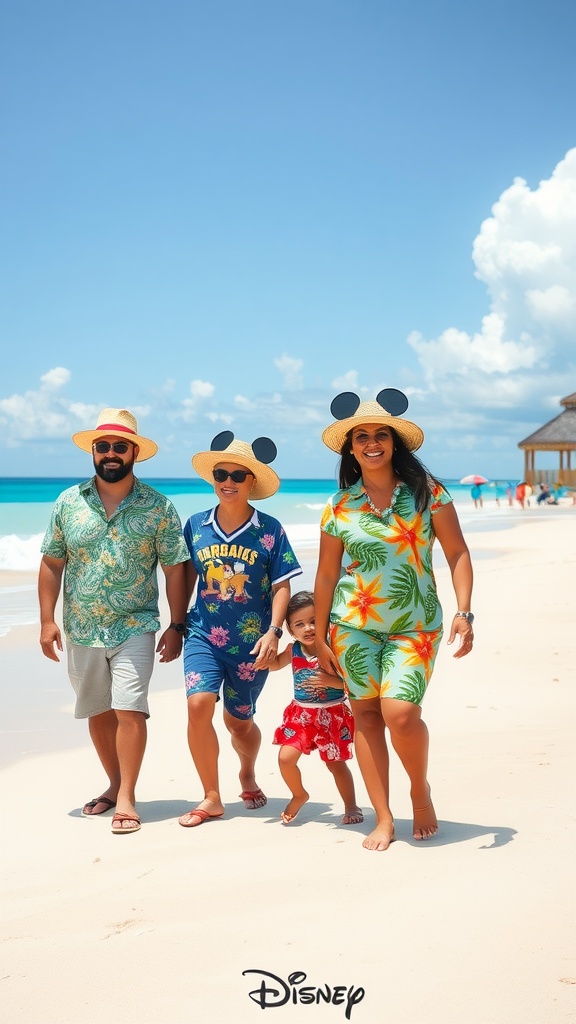 A family walking on the beach wearing tropical Disney-themed outfits with Mickey Mouse ears.