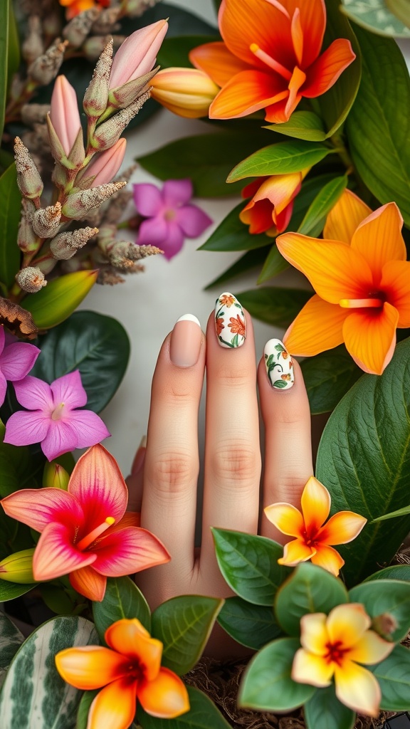 A hand with floral almond nail art surrounded by vibrant tropical flowers