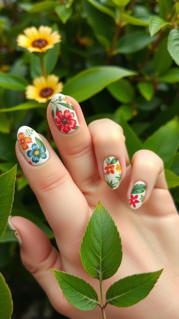 Close-up of a hand with tropical floral almond nail art, surrounded by green leaves and flowers.