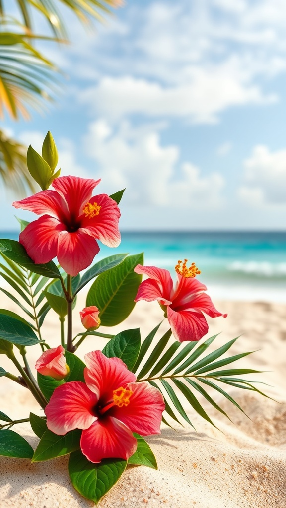 A beautiful display of hibiscus flowers in vibrant colors on a sandy beach background.