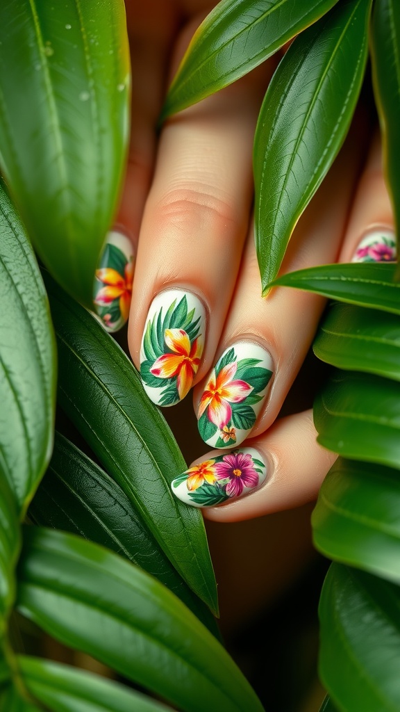 close-up of hands with tropical floral nail designs surrounded by green leaves
