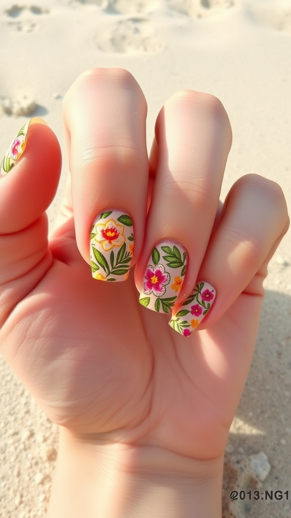Close-up of short nails with tropical floral patterns against a sandy background