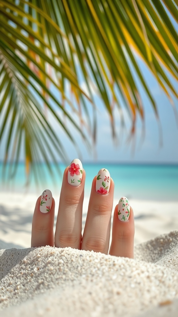 A hand with almond-shaped nails featuring tropical floral patterns, set against a beach background with palm leaves.