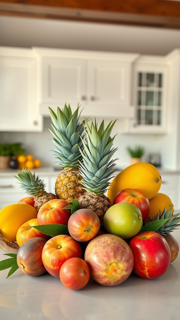 A vibrant display of tropical fruits on a kitchen island, featuring pineapples, mangoes, and various apples, set against a bright kitchen backdrop.