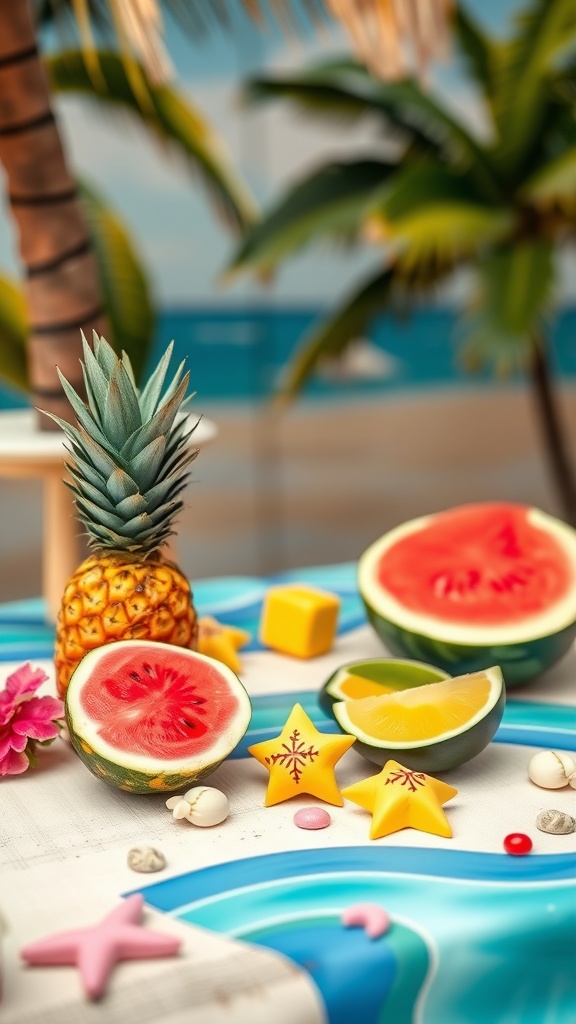 A colorful arrangement of tropical fruits, including watermelon and pineapple, along with star-shaped decorations on a beach-themed table.