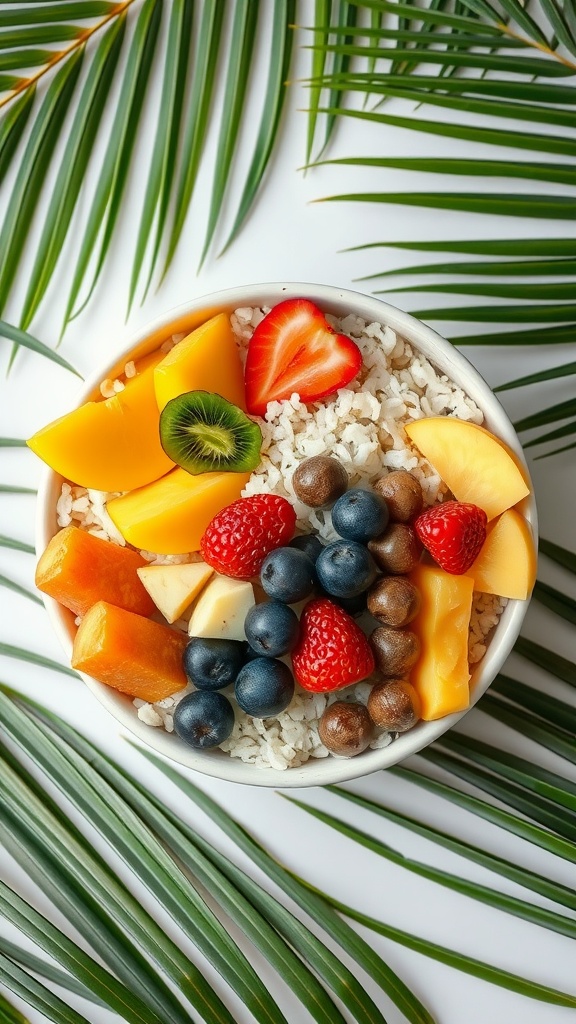 A colorful bowl of tropical fruit sweet rice topped with various fresh fruits