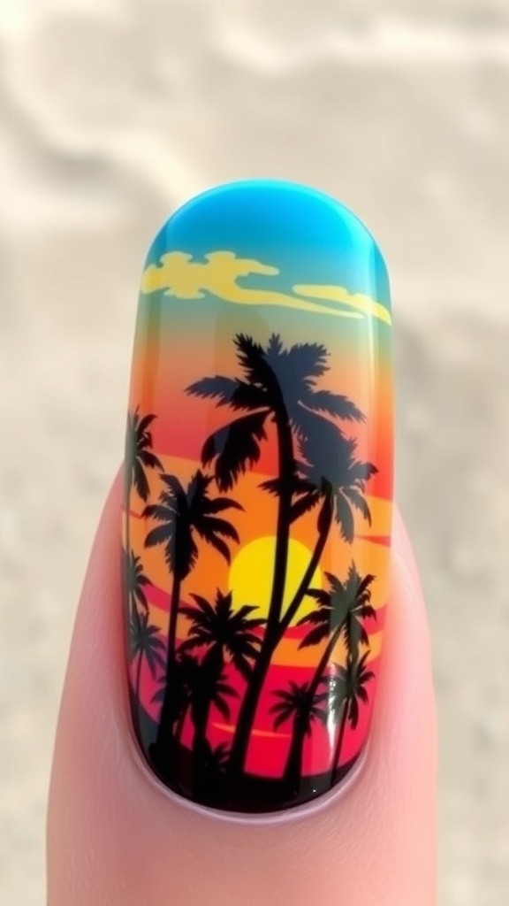 Nail design featuring palm trees against a colorful sunset background.