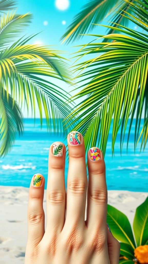 A close-up of beautifully designed tropical nail art with palm leaves and floral patterns against a beach background.