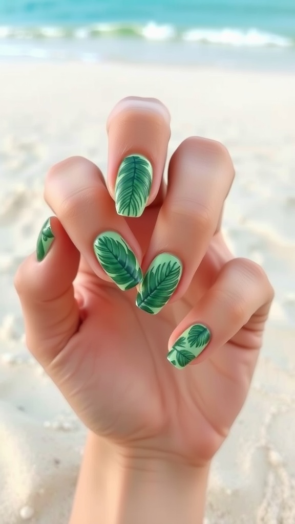 Close-up of almond-shaped nails with green tropical leaf designs on a sandy beach background