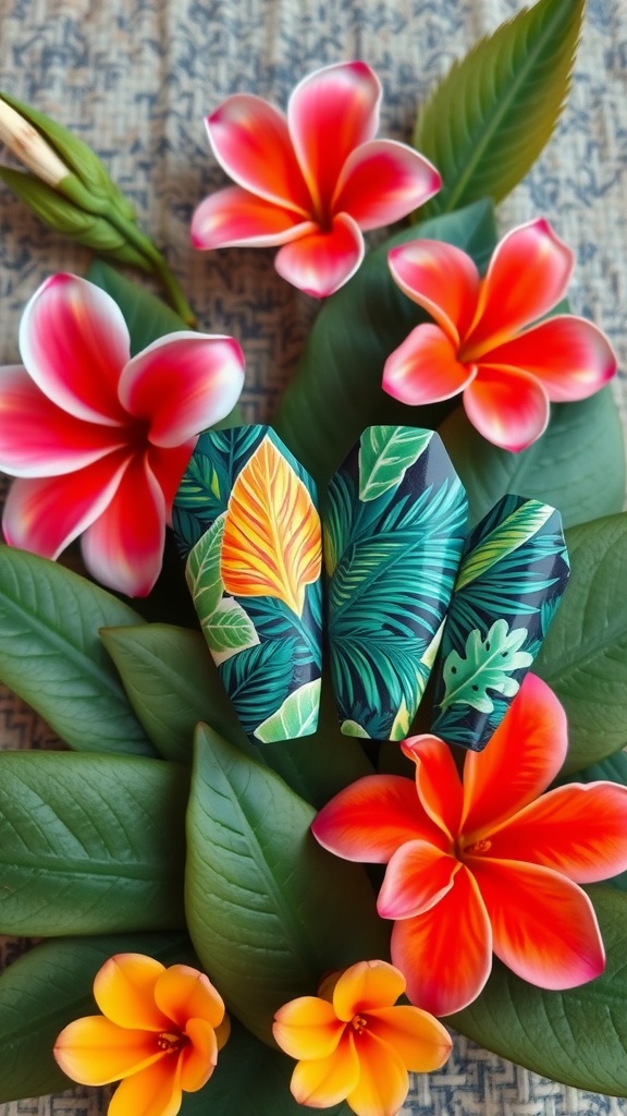 Coffin nails with tropical leaf designs surrounded by colorful flowers and greenery.