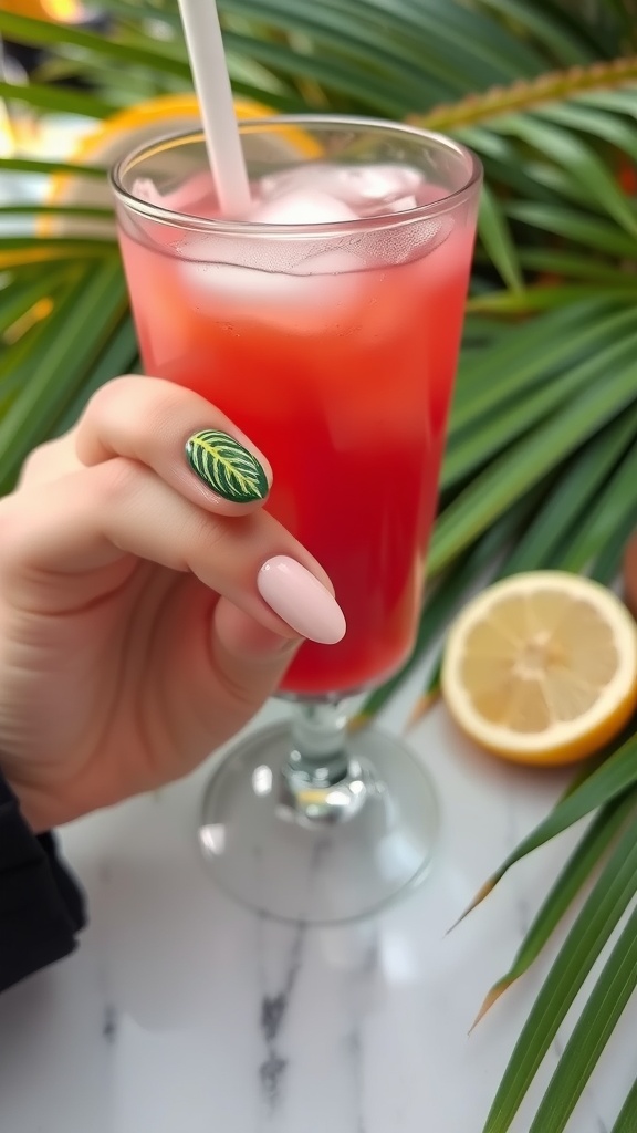 A hand with almond nails featuring a tropical leaf design, holding a colorful drink with ice.