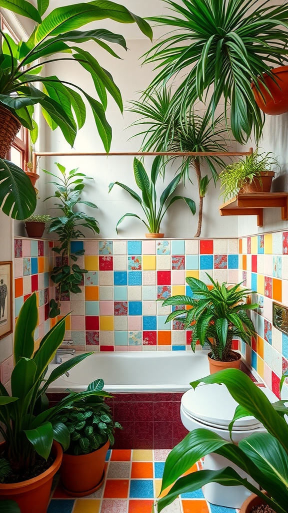 A vibrant bathroom filled with lush green plants and colorful tiles.