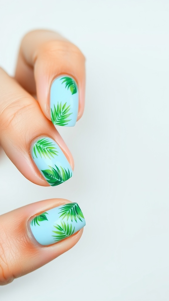 Nail art featuring light blue base with green tropical palm leaves design.