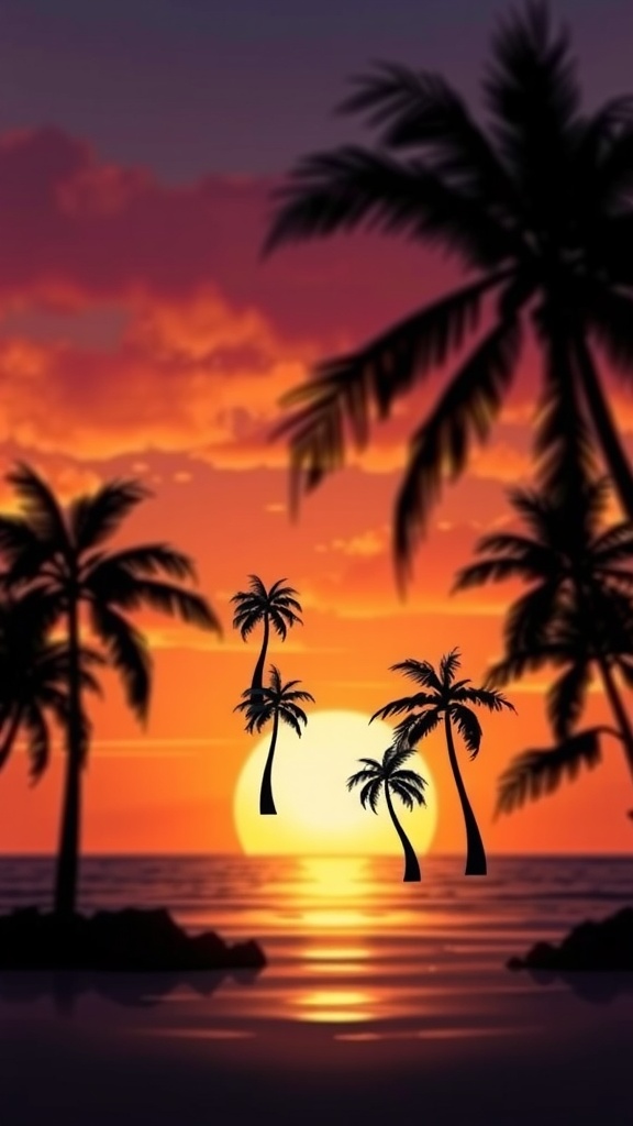 A beautiful tropical sunset scene with palm trees silhouetted against the orange and purple sky.