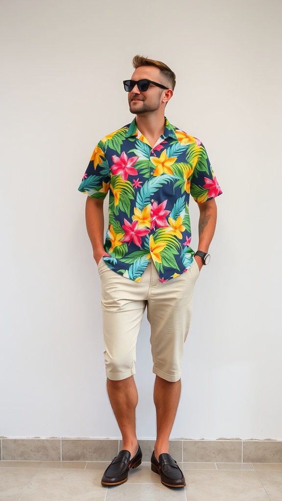 A man wearing a vibrant tropical print shirt and beige chino shorts, standing confidently with a relaxed pose.