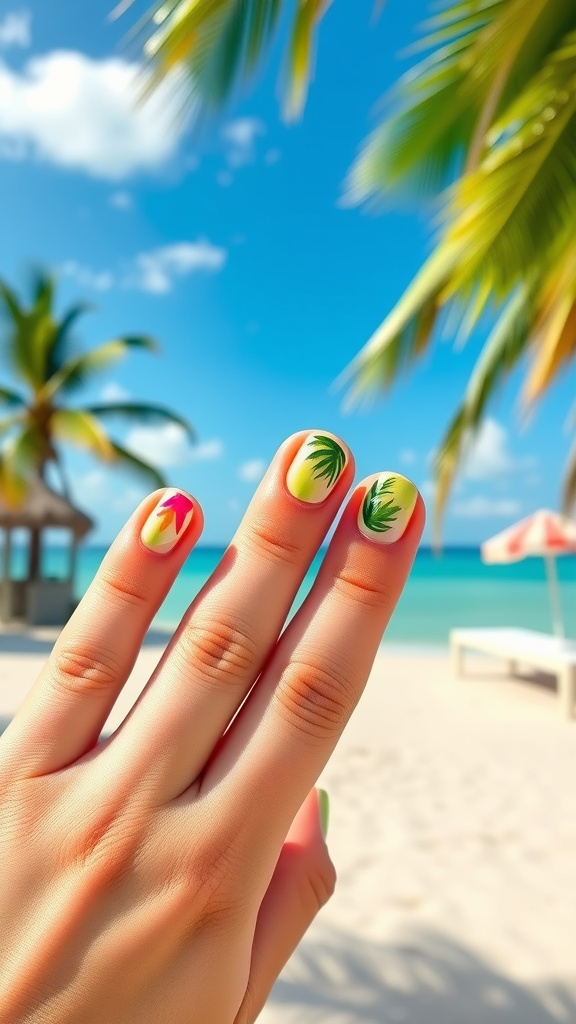 A close-up of a hand with tropical palm leaf nail art against a beach background.