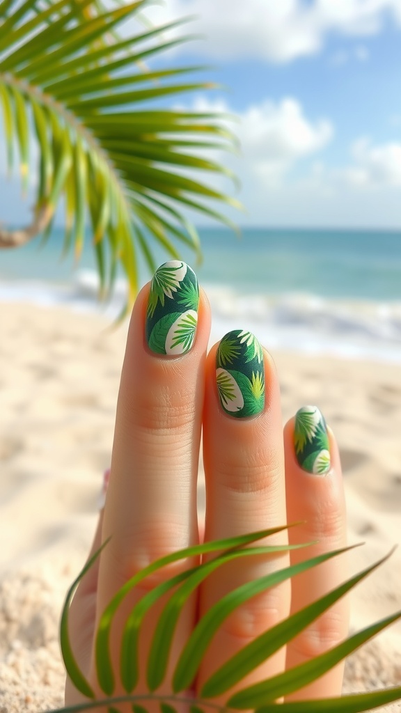 Nails with palm leaf designs against a beach background.