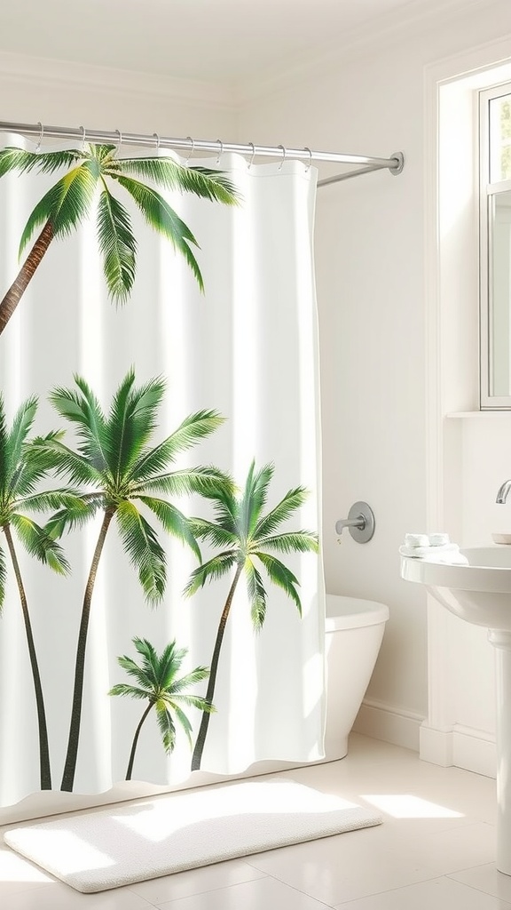 A bathroom with a palm print shower curtain.