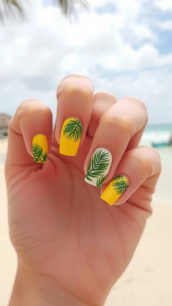 Nails with yellow French tips and palm tree designs