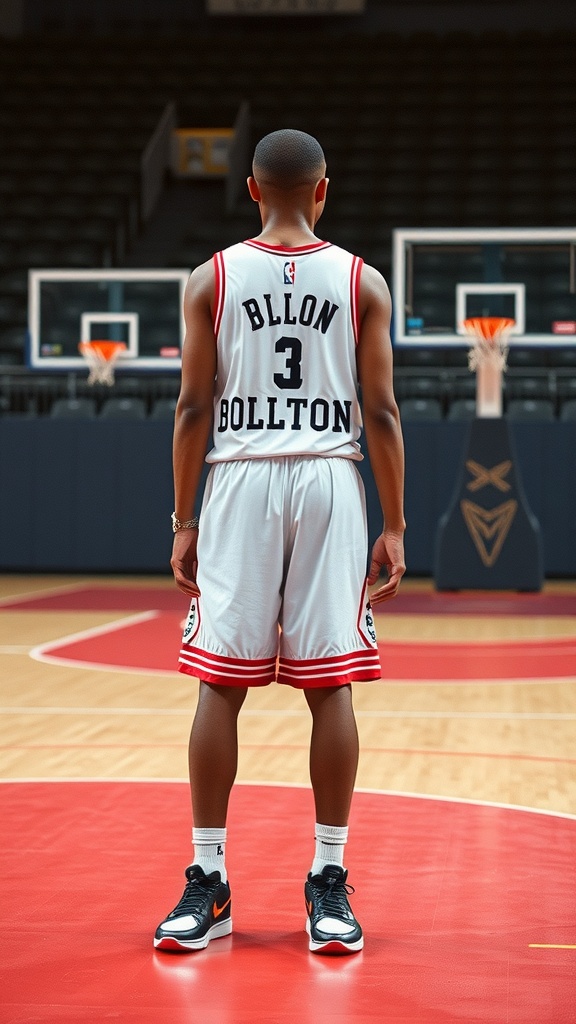 Back view of a person wearing a basketball jersey and shorts on a basketball court.