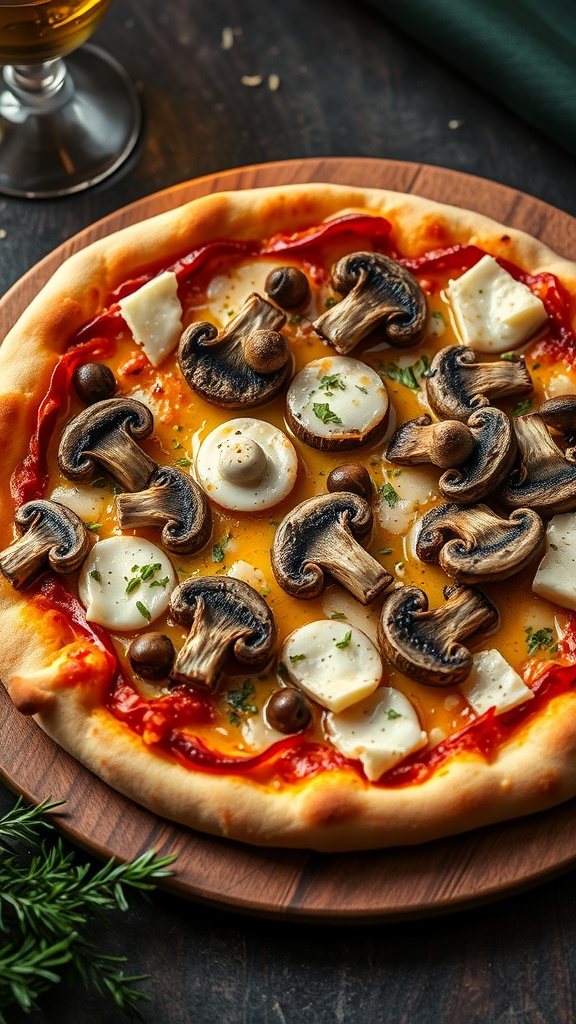 Truffle Mushroom pizza on a wooden board with fresh ingredients.