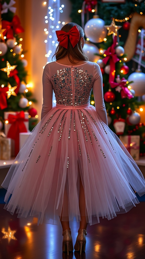 A girl wearing a pink tulle skirt with a sparkling top and a red bow in her hair, standing in front of festive decorations.