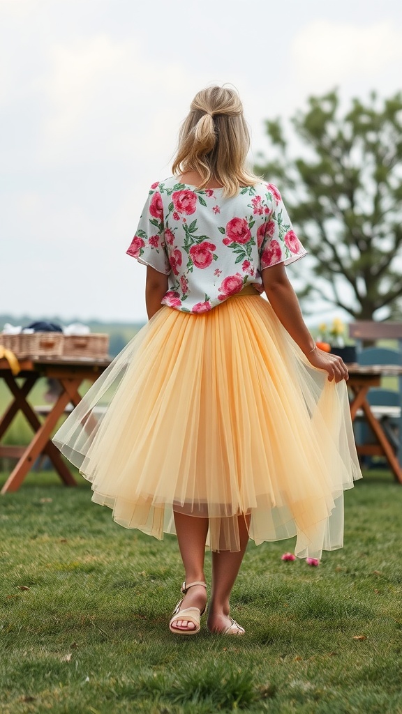 A woman wearing a floral top and a yellow tulle skirt at a summer picnic.
