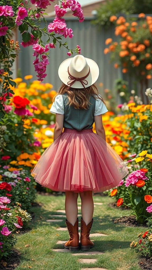 A girl wearing a pink tulle skirt and a western hat, standing in a flower garden.