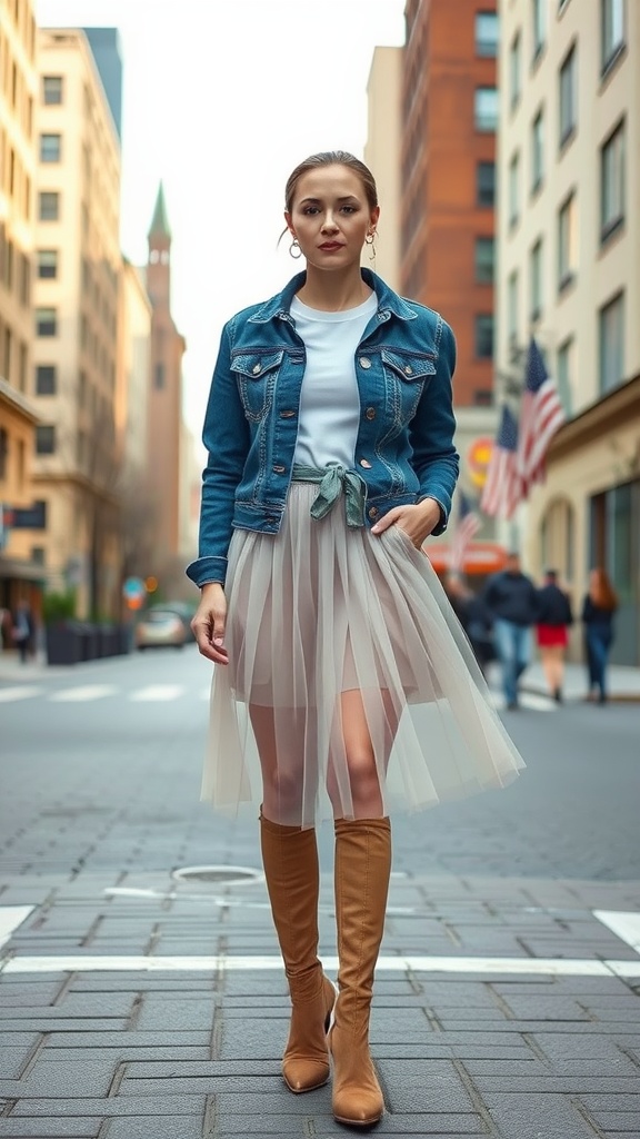 A model wearing a tulle skirt and denim jacket, walking in a city street