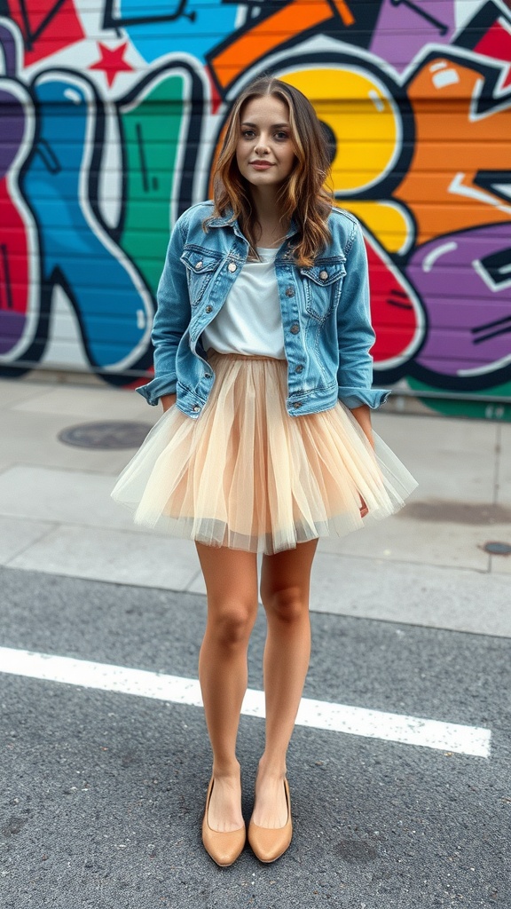 A woman wearing a tulle skirt and a denim jacket stands in front of a colorful graffiti wall.