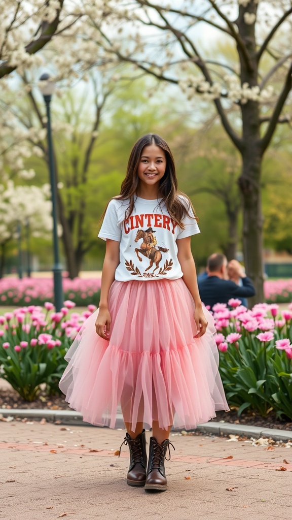 A girl wearing a pink tulle skirt and a western graphic tee, smiling in a park surrounded by blooming flowers.