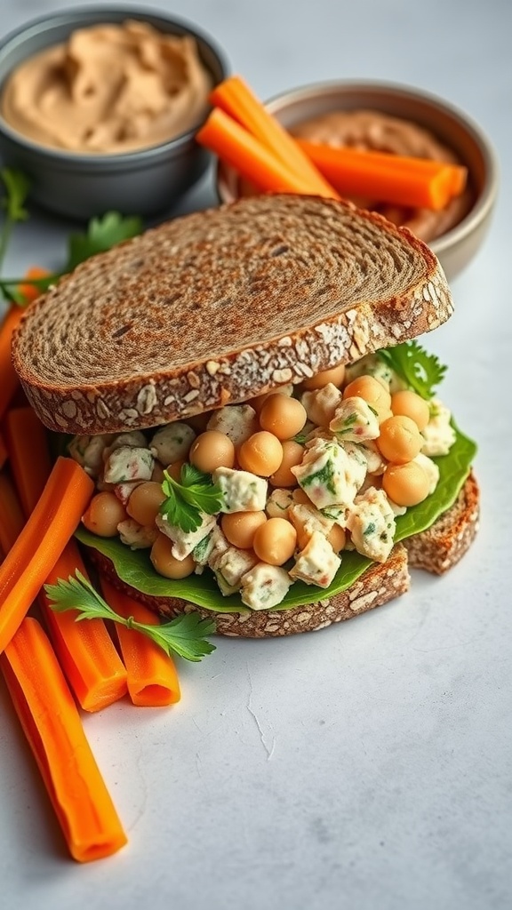 A delicious tuna and chickpea salad sandwich with fresh greens and carrots on the side.