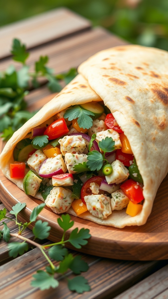 Tuna and vegetable stuffed pita pocket on a wooden plate