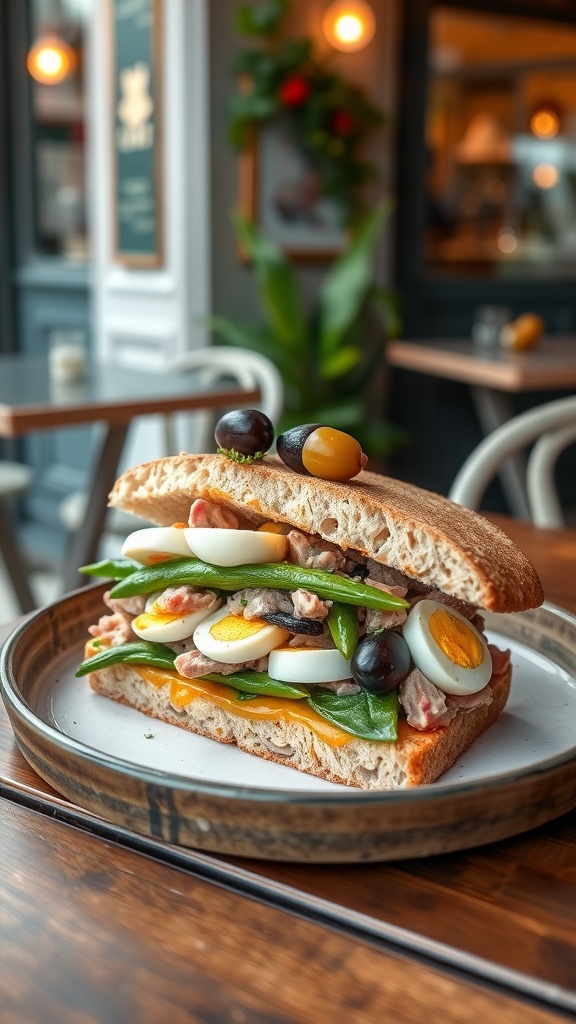 A delicious Tuna Niçoise sandwich with layers of tuna, hard-boiled eggs, green beans, and olives.