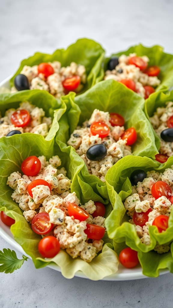 Healthy tuna salad wrapped in lettuce leaves with cherry tomatoes and olives